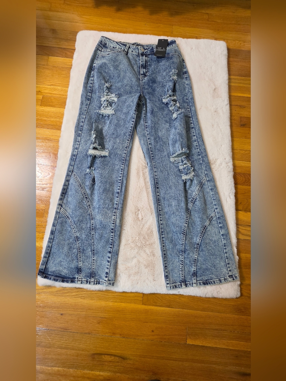 American Bazi Distressed Wide-Leg Jeans - Light Blue Acid Wash